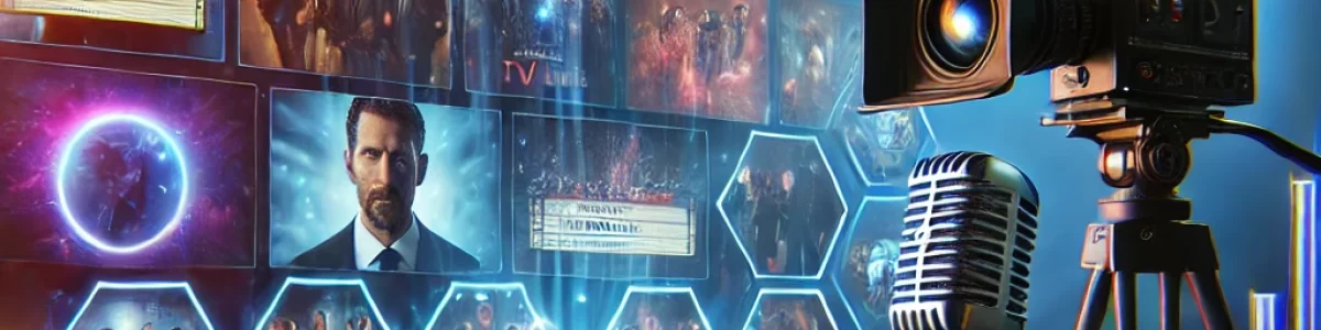 A sleek digital interface displaying various movies and TV shows with vibrant, cinematic lighting